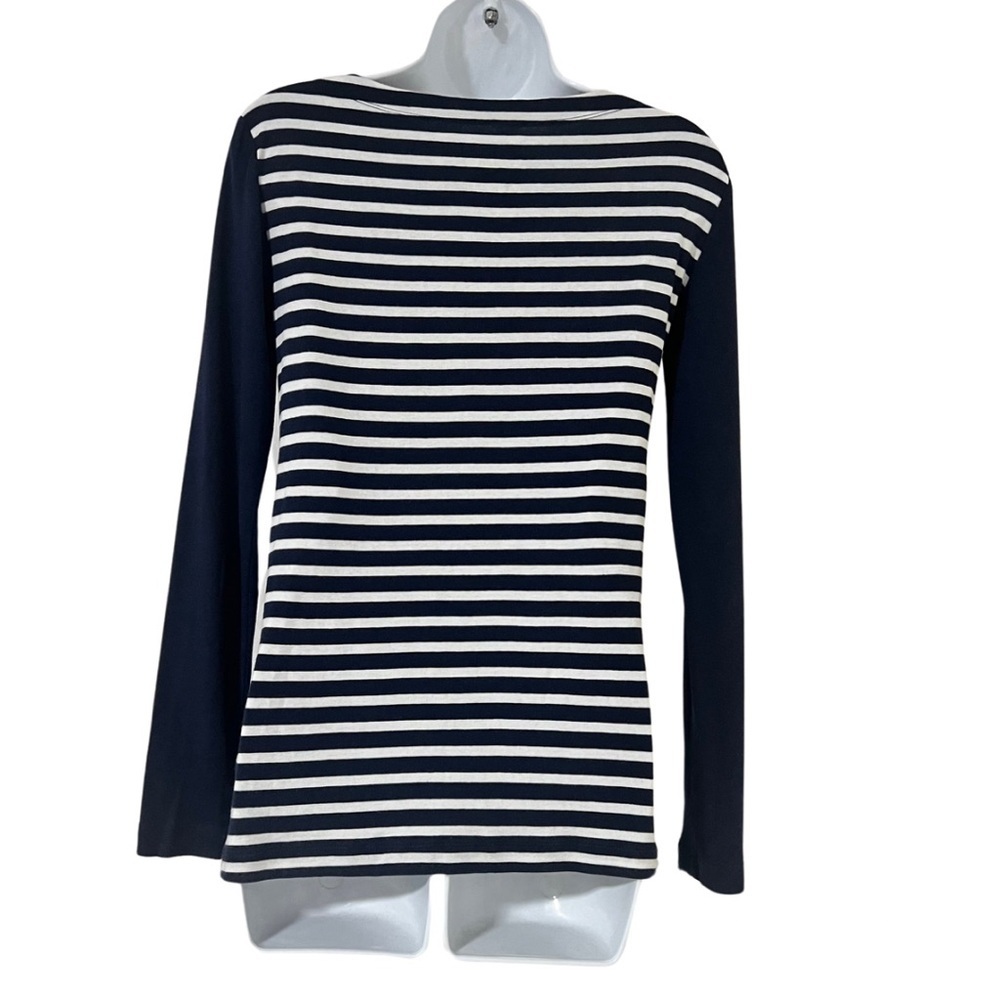 Gap Maternity Navy Blue Boat Neck Pima Modal Blend Striped Tee - Picture 2 of 6